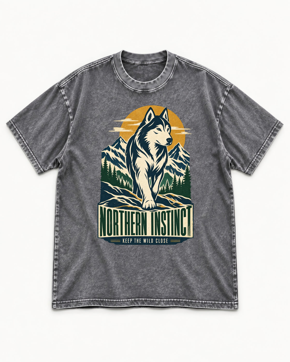 Husky Northern Instinct Mountain Sentinel Washed Tee in Gray, flat lay product photo