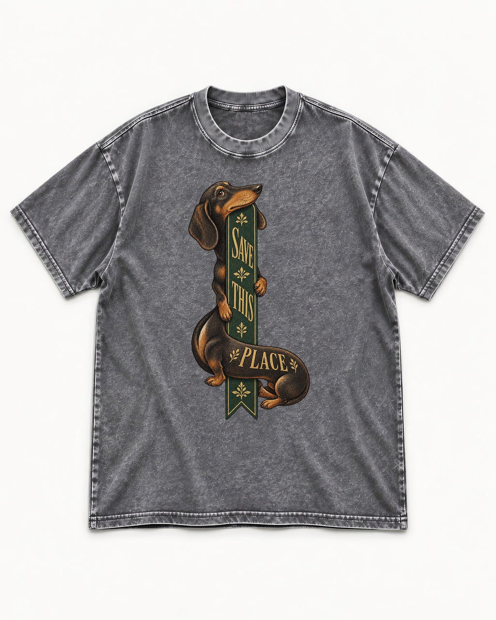 Save This Place Dachshund Washed Tee in Gray, flat lay product photo