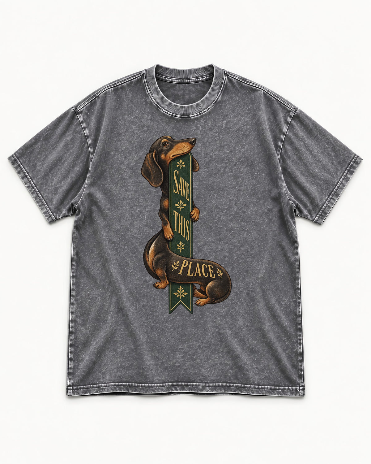 Save This Place Dachshund Washed Tee in Gray, flat lay product photo
