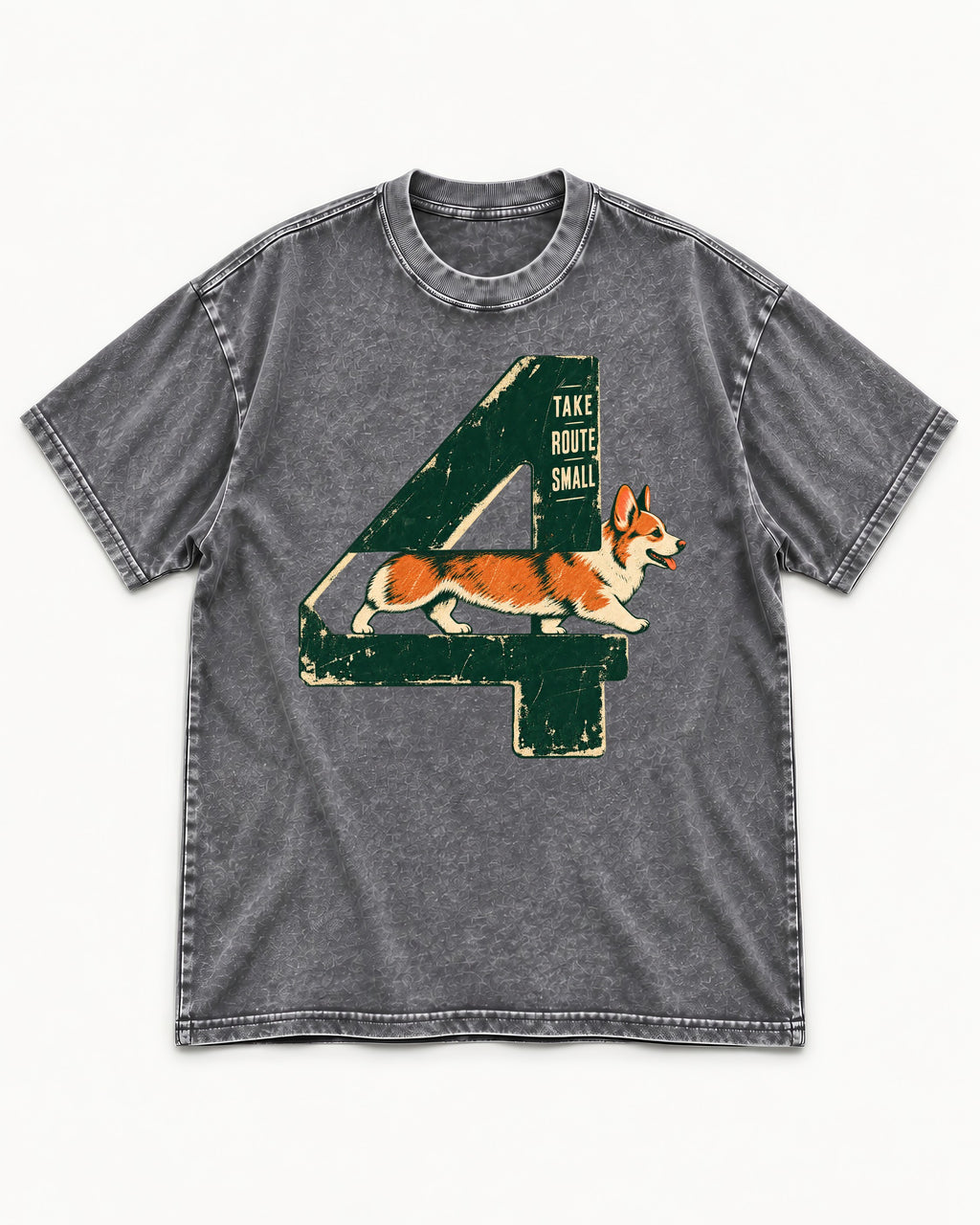 Take Route Small Corgi Washed Tee in Gray, flat lay product photo