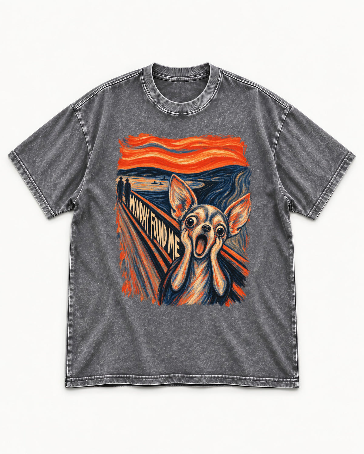 Monday Found Me Chihuahua Scream Path Washed Tee in Gray, flat lay product photo