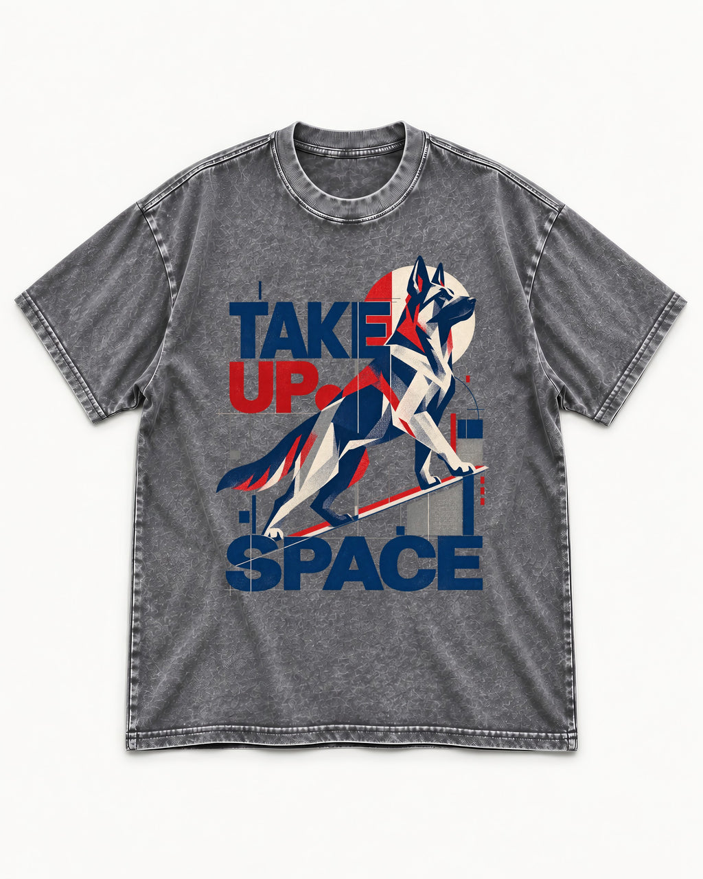 Take Up Space German Shepherd Dog Washed Tee in Gray, flat lay product photo