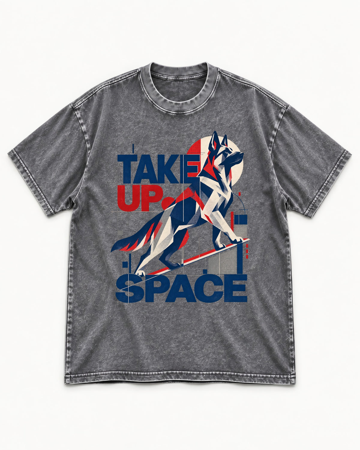 Take Up Space German Shepherd Dog Washed Tee in Gray, flat lay product photo