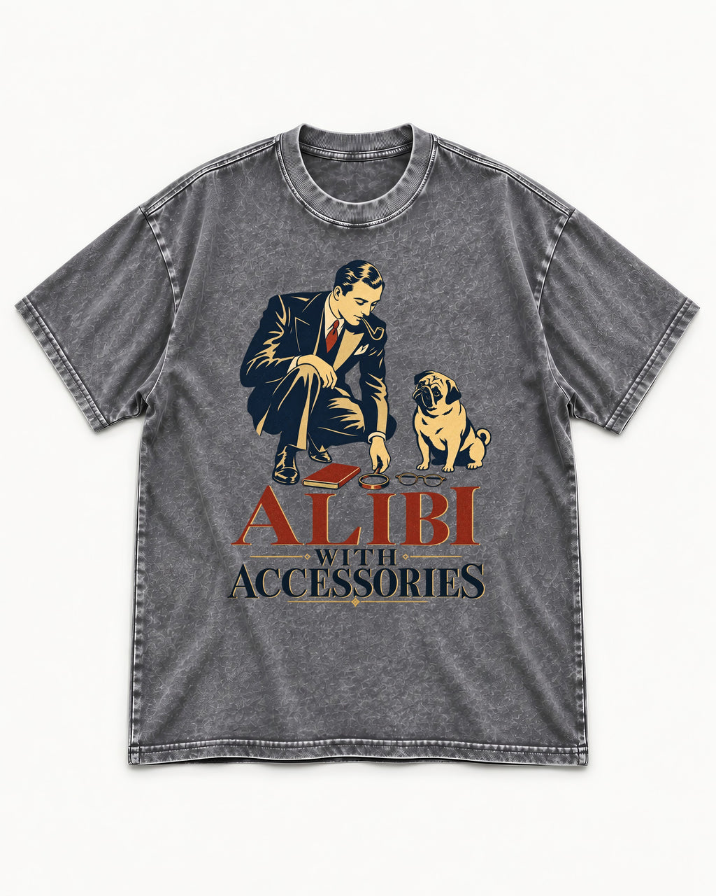 Pug Alibi with Accessories Washed Tee in Gray, flat lay product photo