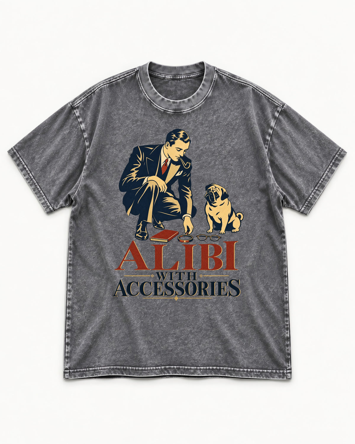 Pug Alibi with Accessories Washed Tee in Gray, flat lay product photo