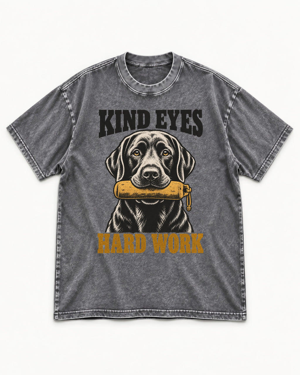 Kind Eyes Hard Work Labrador Retriever Washed Tee in Gray, flat lay product photo