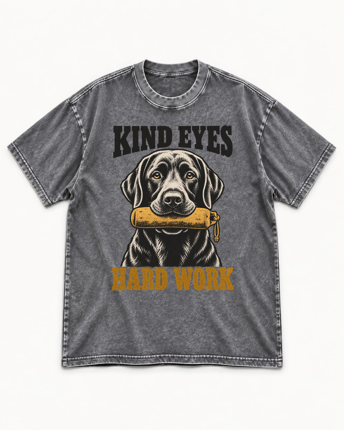 Kind Eyes Hard Work Labrador Retriever Washed Tee in Gray, flat lay product photo