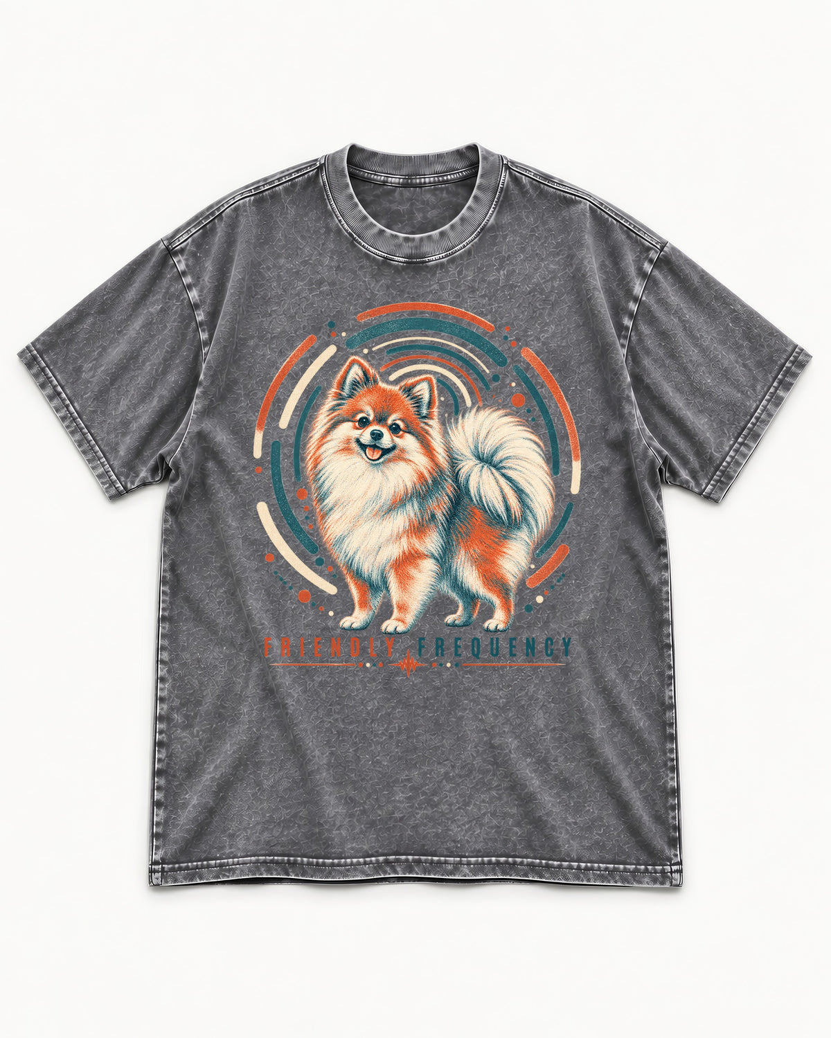 Friendly Frequency Pomeranian Washed Tee in Gray, flat lay product photo