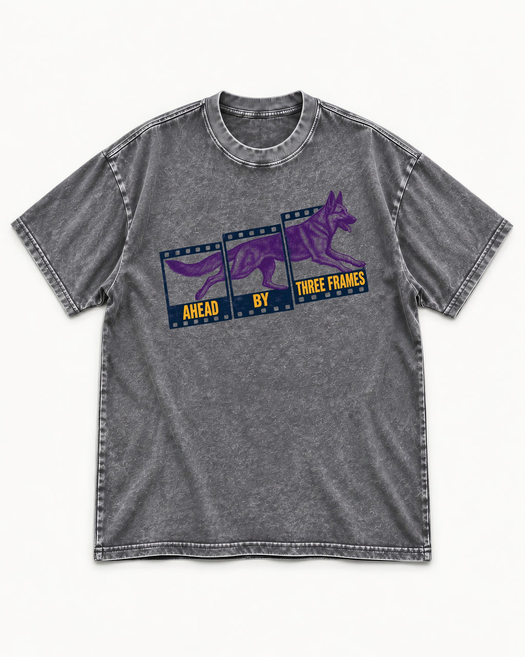 German Shepherd Dog Ahead by Three Frames Washed Tee in Gray, flat lay product photo