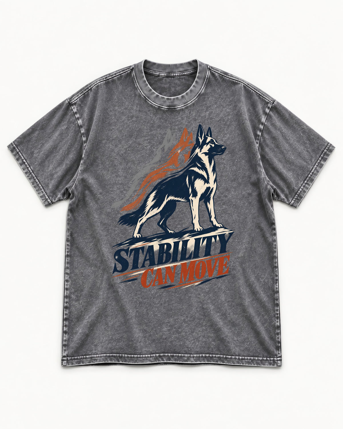 Stability Can Move German Shepherd Dog Washed Tee in Gray, flat lay product photo