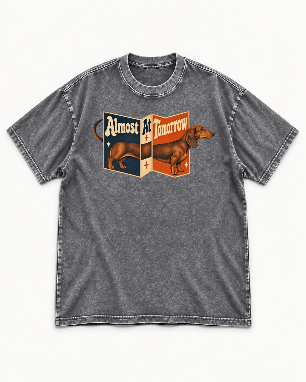 Dachshund Almost At Tomorrow Folding Screen Graphic Washed Tee in Gray, flat lay product photo