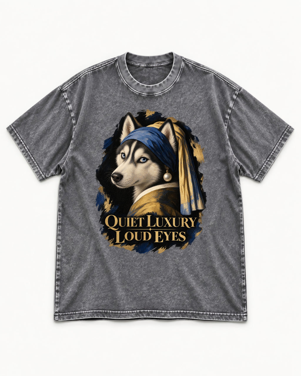 Husky Quiet Luxury Loud Eyes Pearl Portrait Graphic Washed Tee in Gray, flat lay product photo