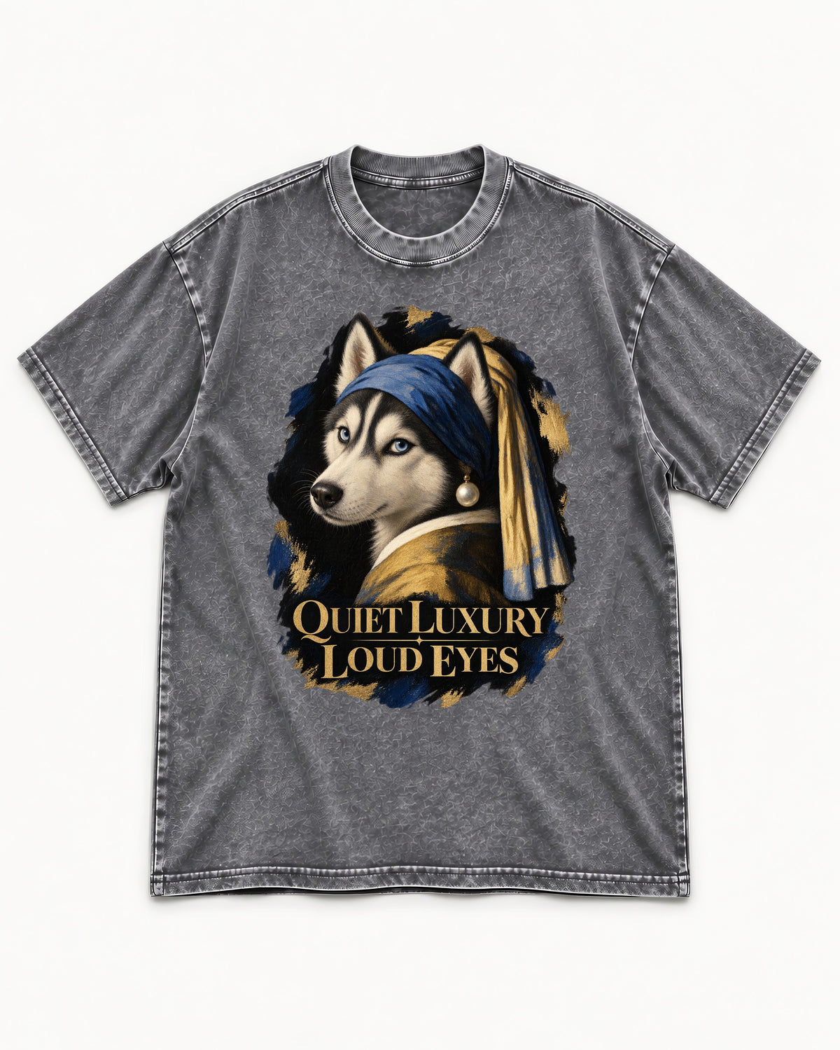 Husky Quiet Luxury Loud Eyes Pearl Portrait Graphic Washed Tee in Gray, flat lay product photo