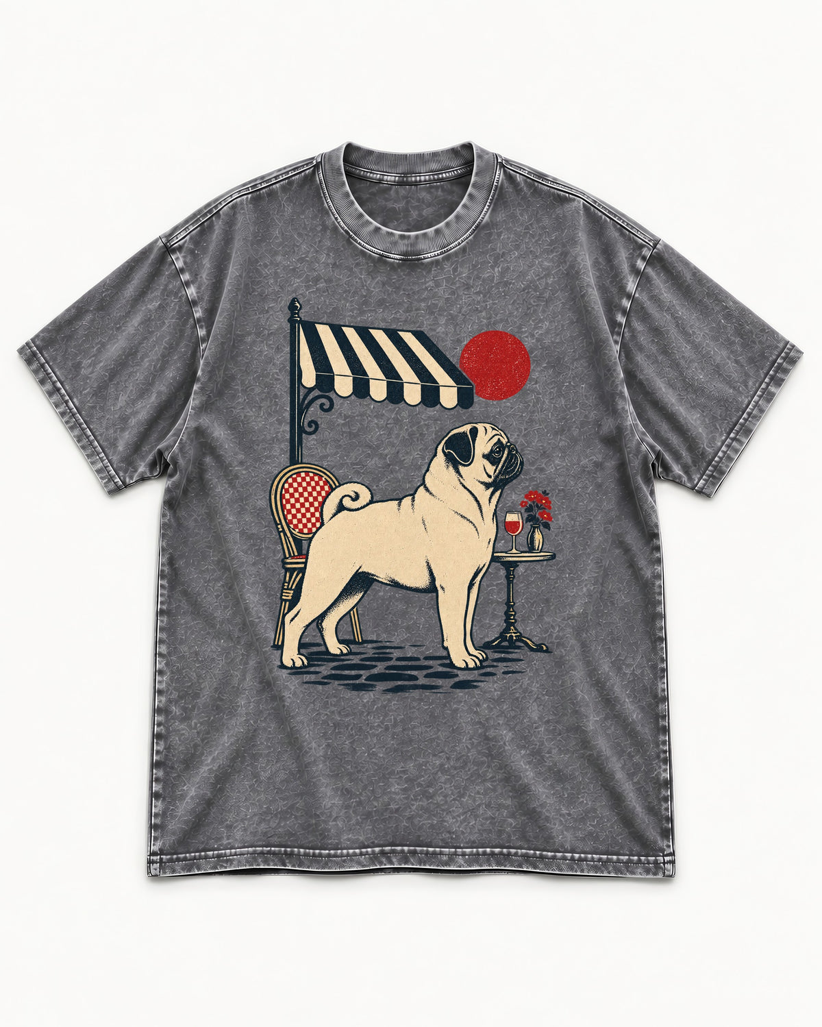 Pug Joie De Vivre Washed Tee in Gray, flat lay product photo