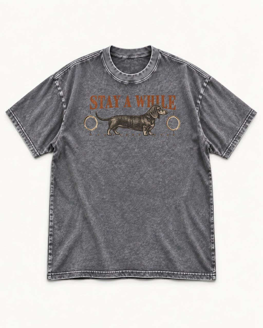 Dachshund Stay A While Ornamental Portrait Graphic Washed Tee in Gray, flat lay product photo