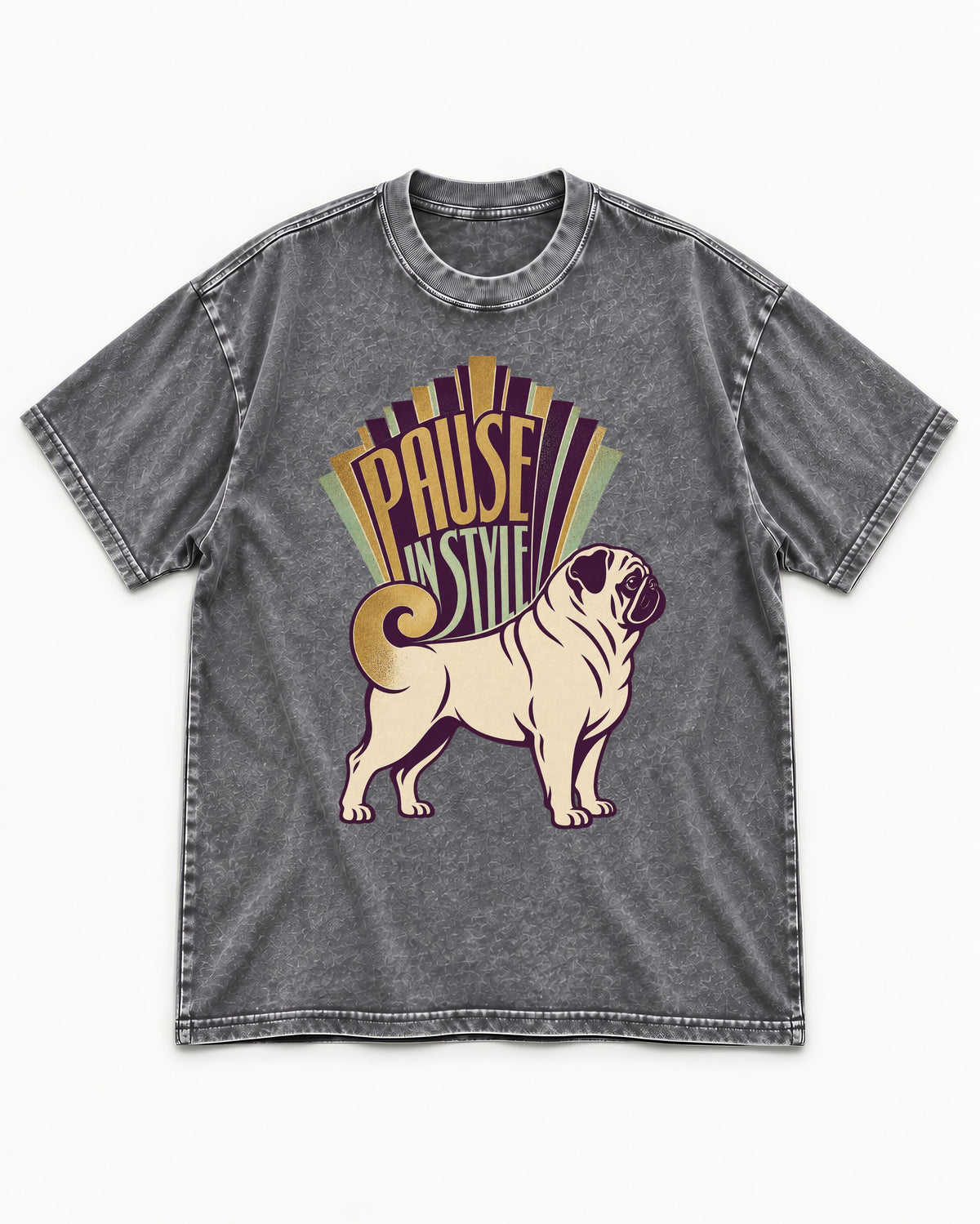 Pug Pause Washed Tee in Gray, flat lay product photo