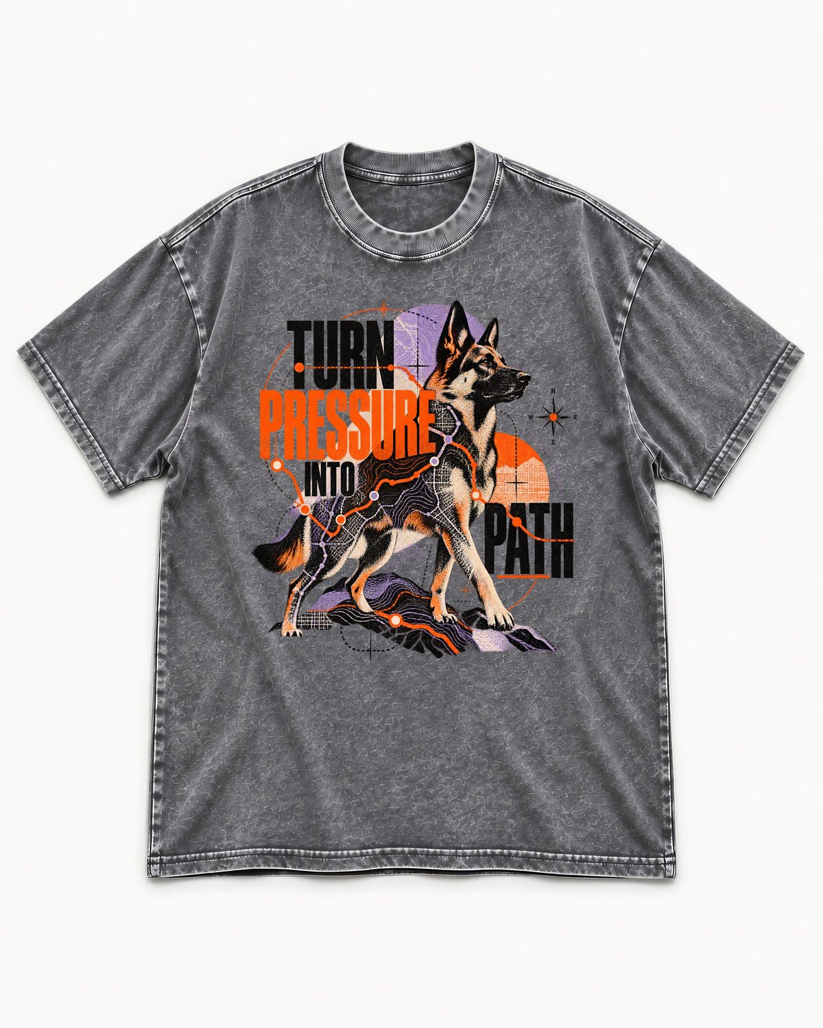 Turn Pressure Into Path German Shepherd Dog Washed Tee in Gray, flat lay product photo