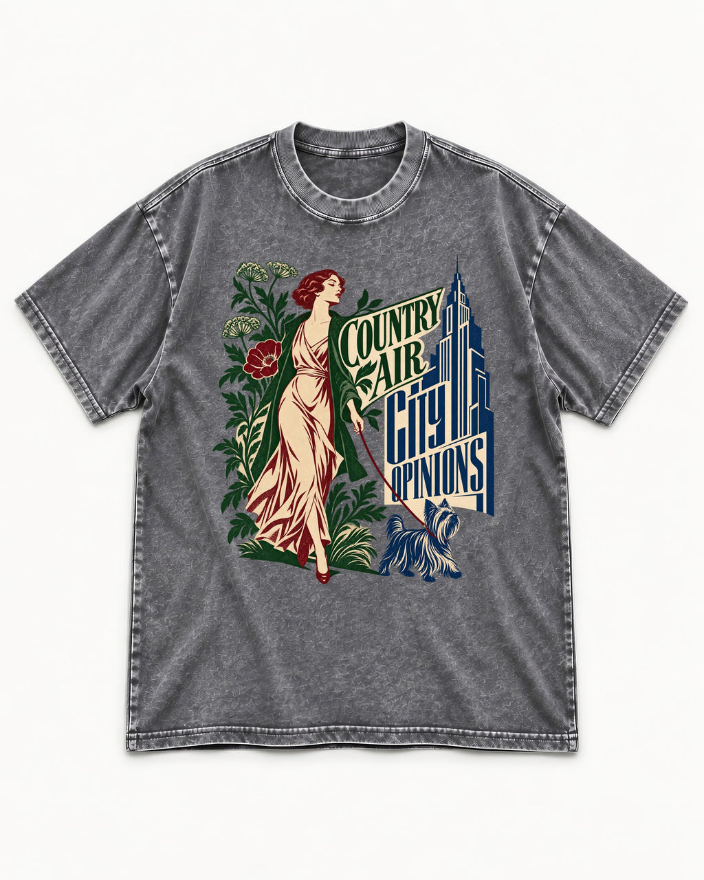Yorkshire Terrier Country Air City Opinions Botanical Graphic Washed Tee in Gray, flat lay product photo