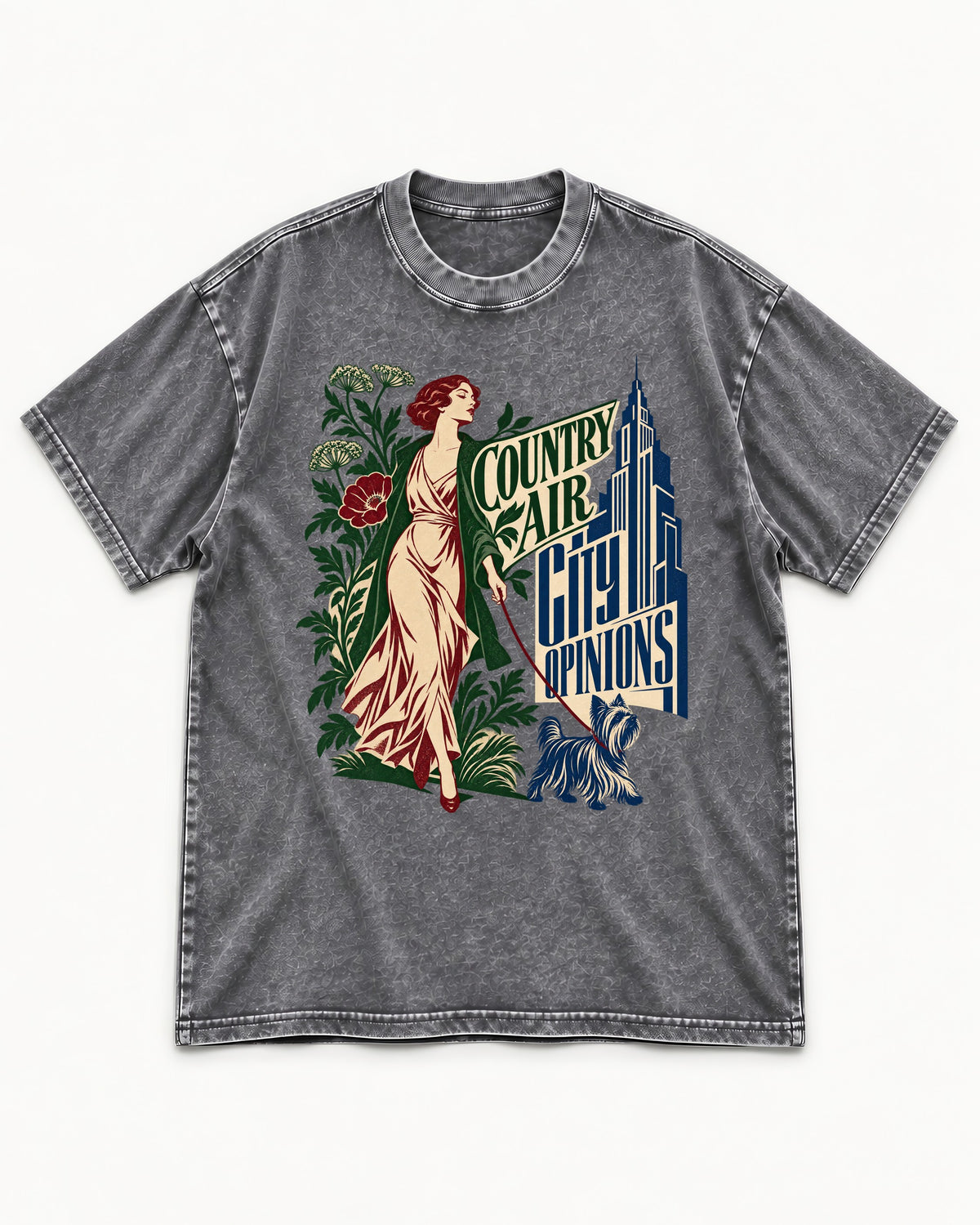 Yorkshire Terrier Country Air City Opinions Botanical Graphic Washed Tee in Gray, flat lay product photo