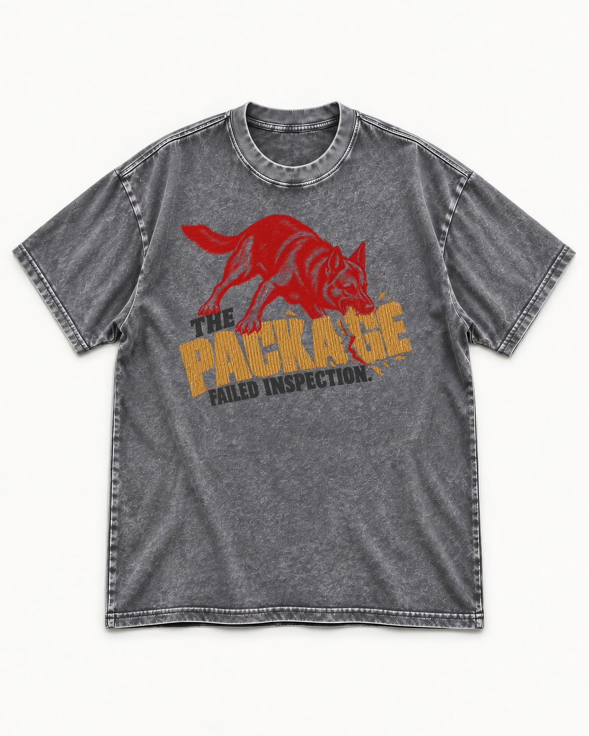 The Package Failed Inspection German Shepherd Dog Washed Tee in Gray, flat lay product photo