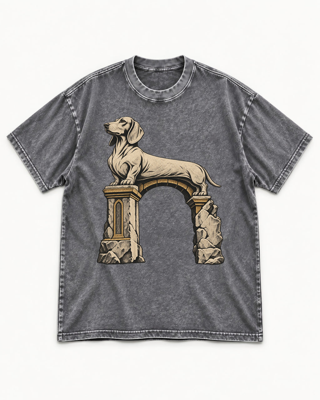 Dachshund Ruined Stone Arch Monument Graphic Washed Tee in Gray, flat lay product photo