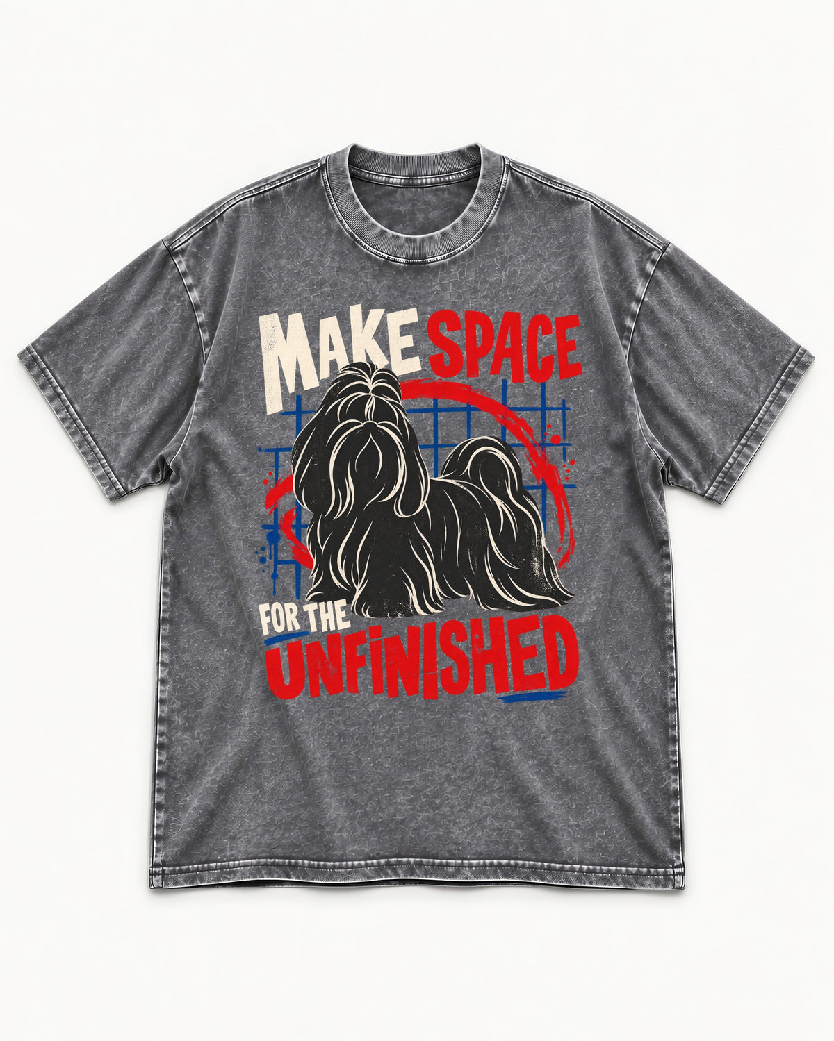 Shih Tzu Make Space for the Unfinished Abstract Circle Graphic Washed Tee in Gray, flat lay product photo