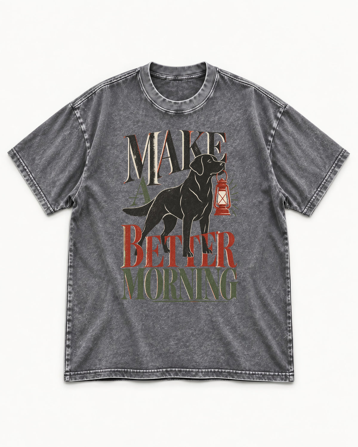 Make a Better Morning Labrador Retriever Washed Tee in Gray, flat lay product photo