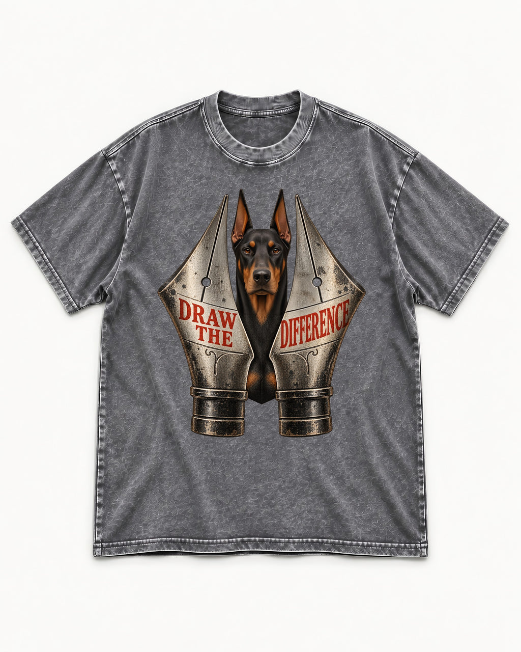 Doberman Draw the Difference Washed Tee in Gray, flat lay product photo