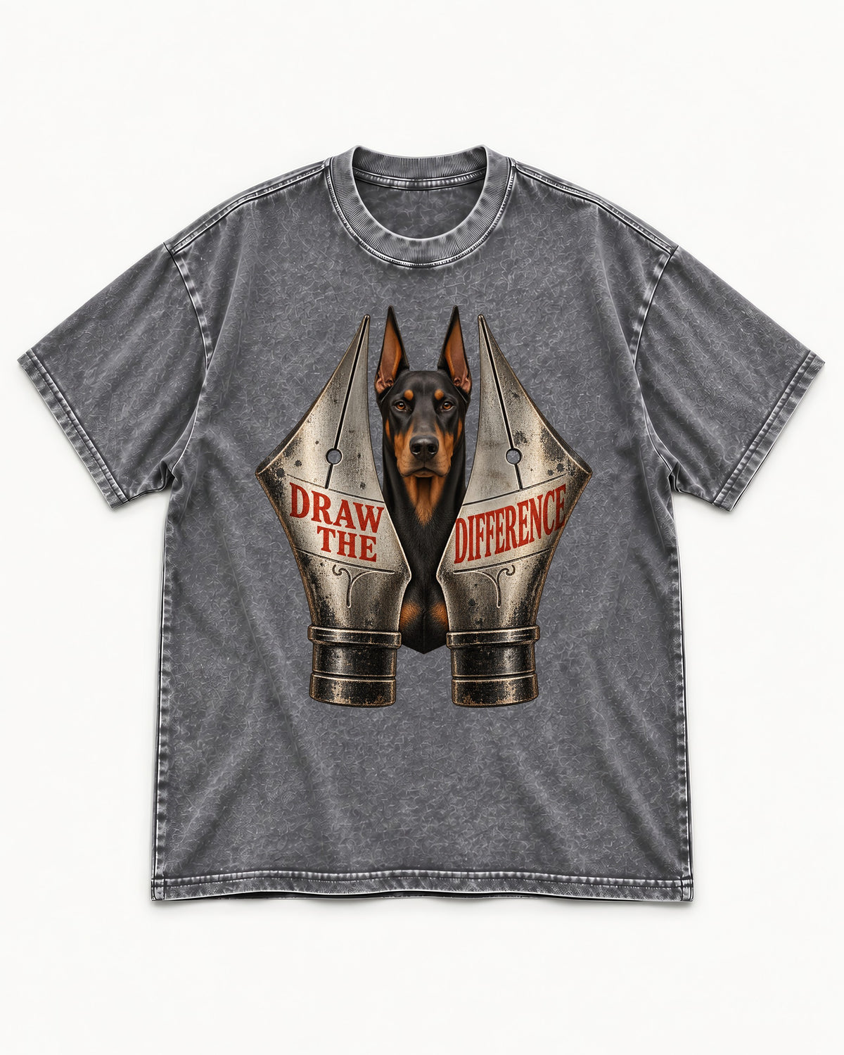 Doberman Draw the Difference Washed Tee in Gray, flat lay product photo
