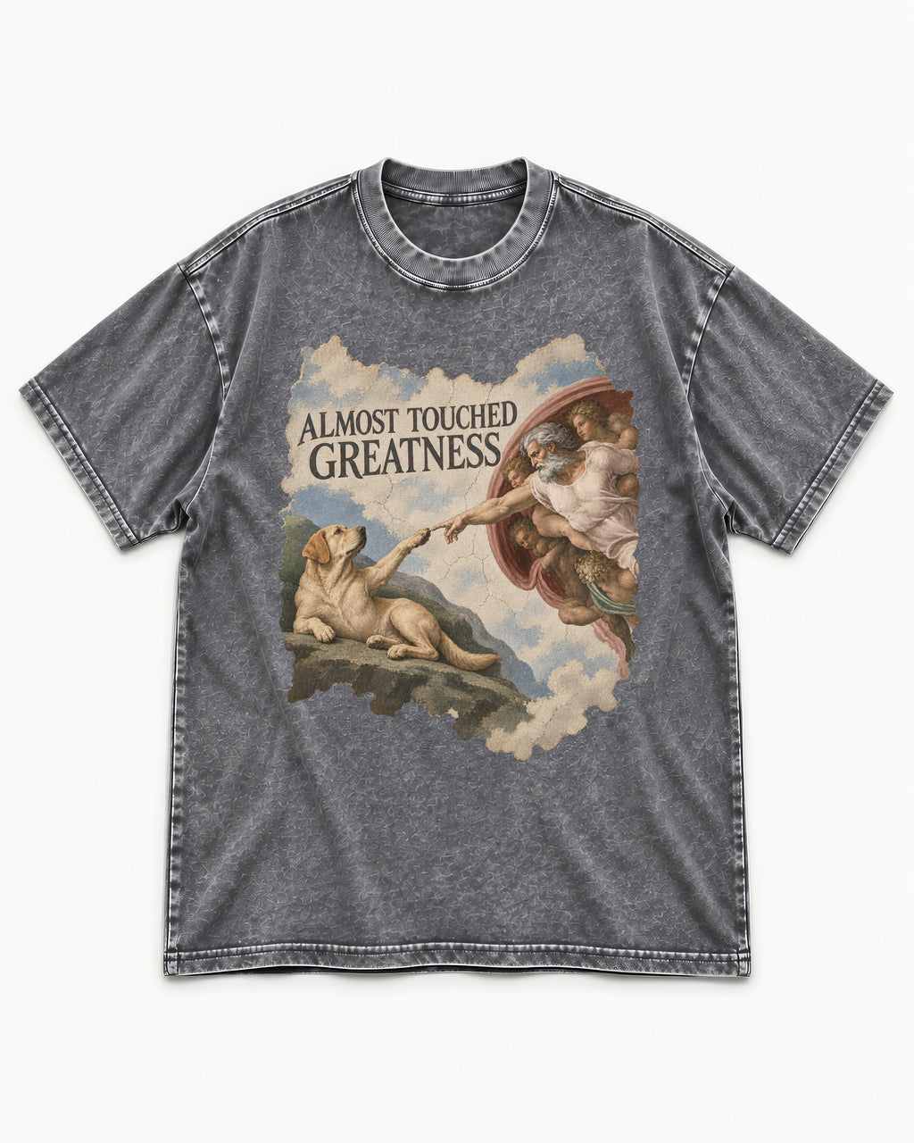 Labrador Retriever Almost Touched Greatness Washed Tee in Gray, flat lay product photo