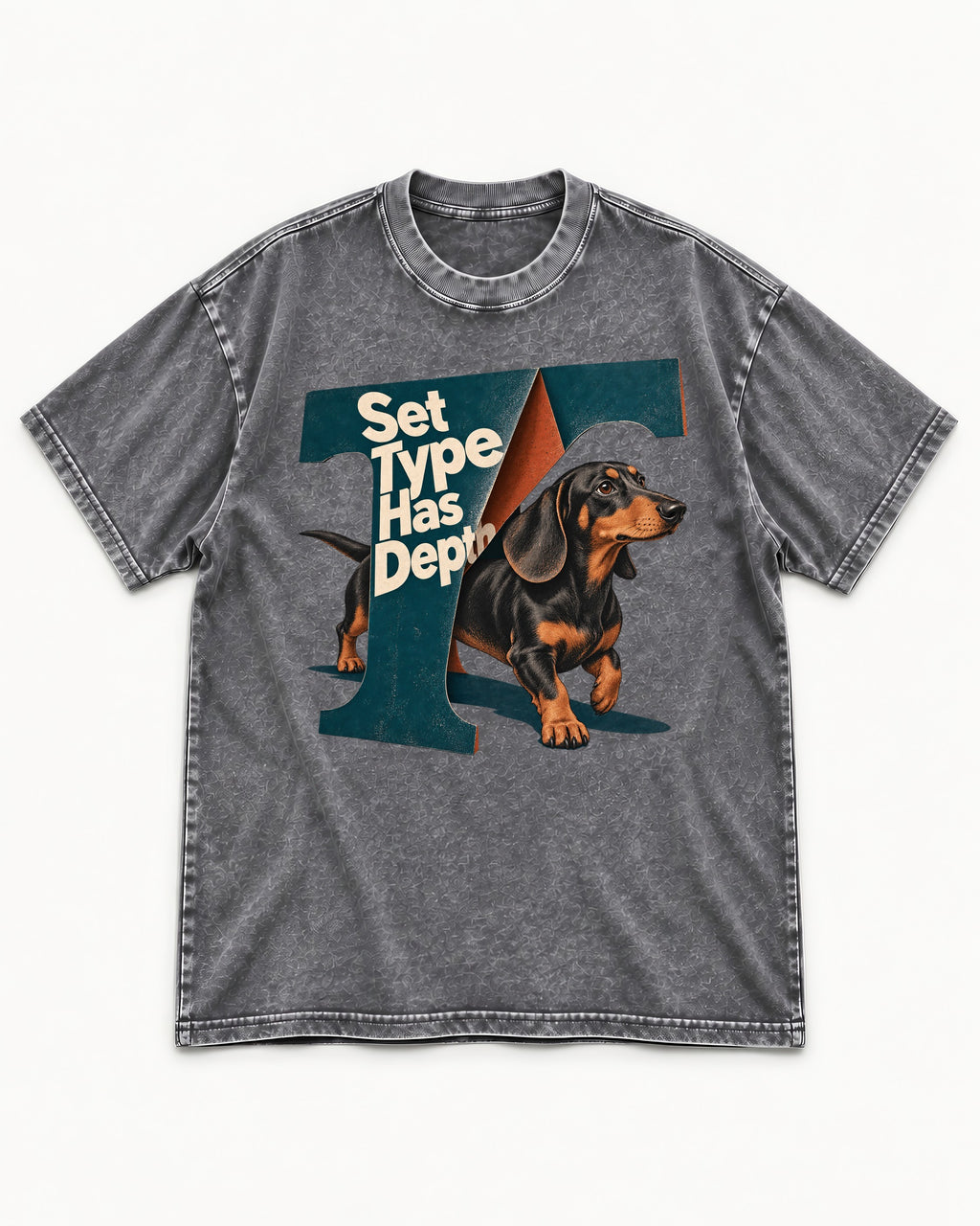 Dachshund Set Type Has Depth Folded Letter Graphic Washed Tee in Gray, flat lay product photo