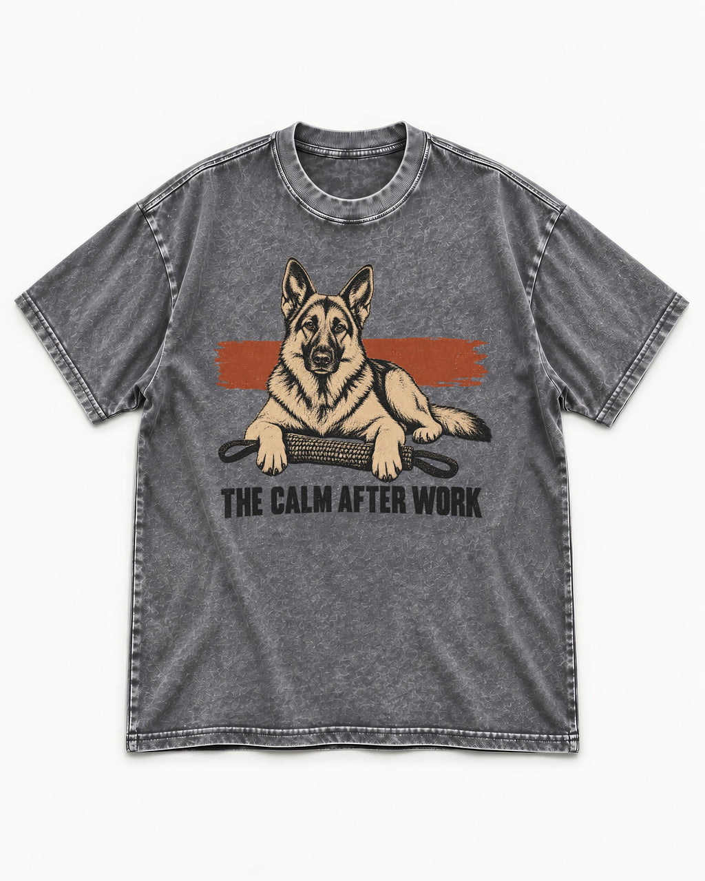 German Shepherd Dog The Calm After Work Washed Tee in Gray, flat lay product photo