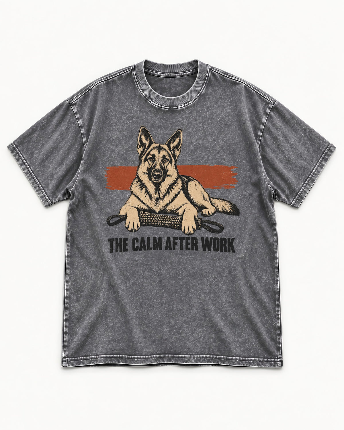 German Shepherd Dog The Calm After Work Washed Tee in Gray, flat lay product photo