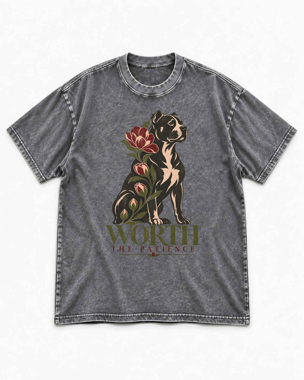 Pitbull Worth the Patience Washed Tee in Gray, flat lay product photo