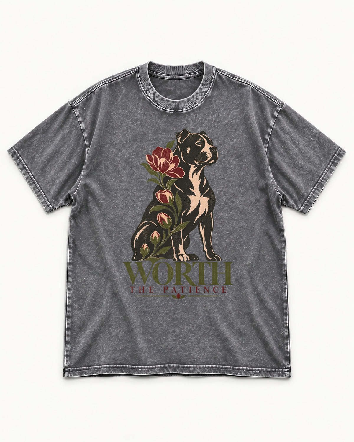 Pitbull Worth the Patience Washed Tee in Gray, flat lay product photo