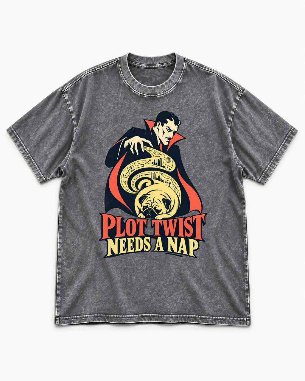 Pug Needs a Nap Washed Tee in Gray, flat lay product photo