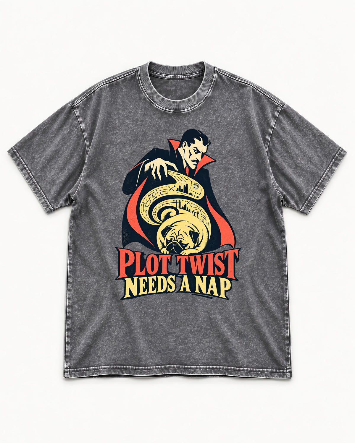 Pug Needs a Nap Washed Tee in Gray, flat lay product photo