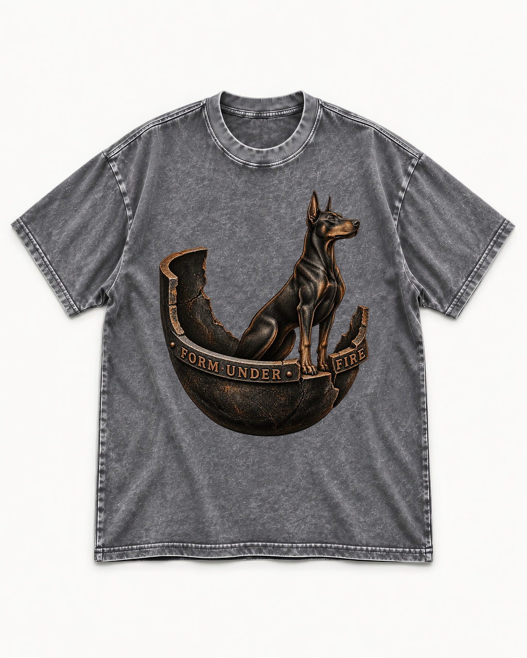 Doberman Form Under Fire Broken Shell Graphic Washed Tee in Gray, flat lay product photo