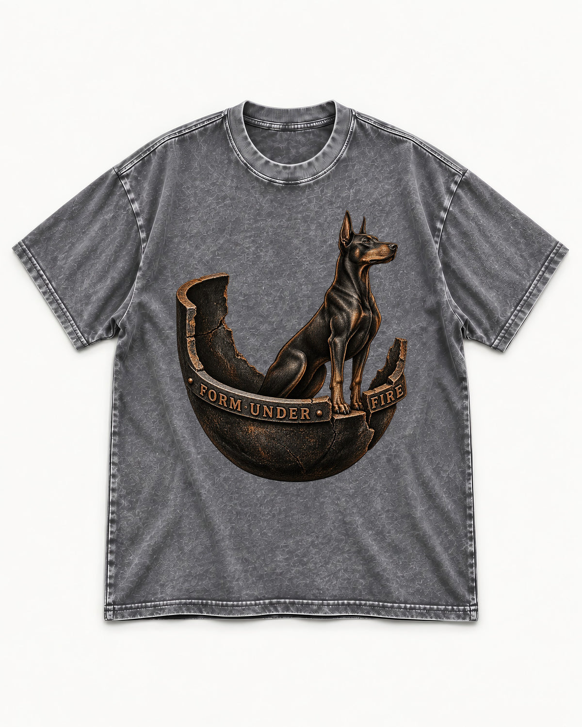 Doberman Form Under Fire Broken Shell Graphic Washed Tee in Gray, flat lay product photo