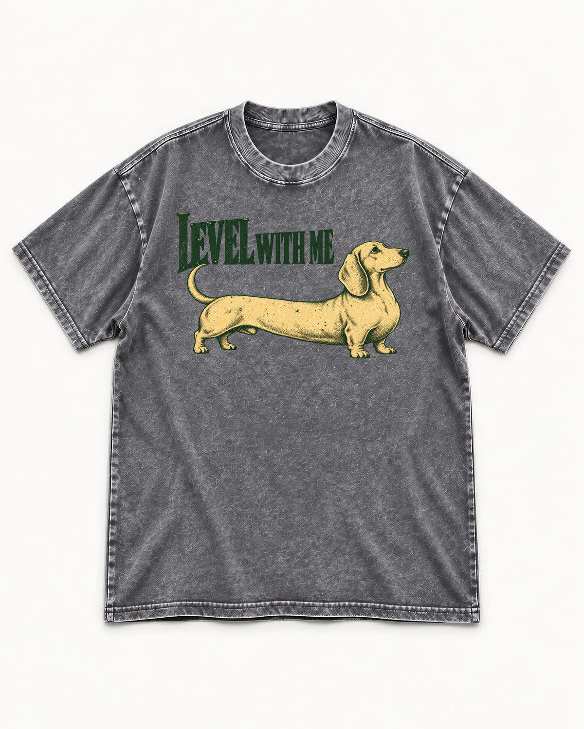 Dachshund Level with Me Washed Tee in Gray, flat lay product photo