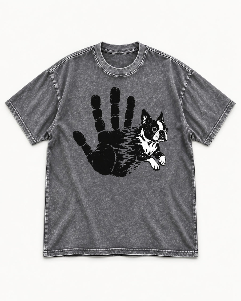 Boston Terrier High Five Washed Tee in Gray, flat lay product photo