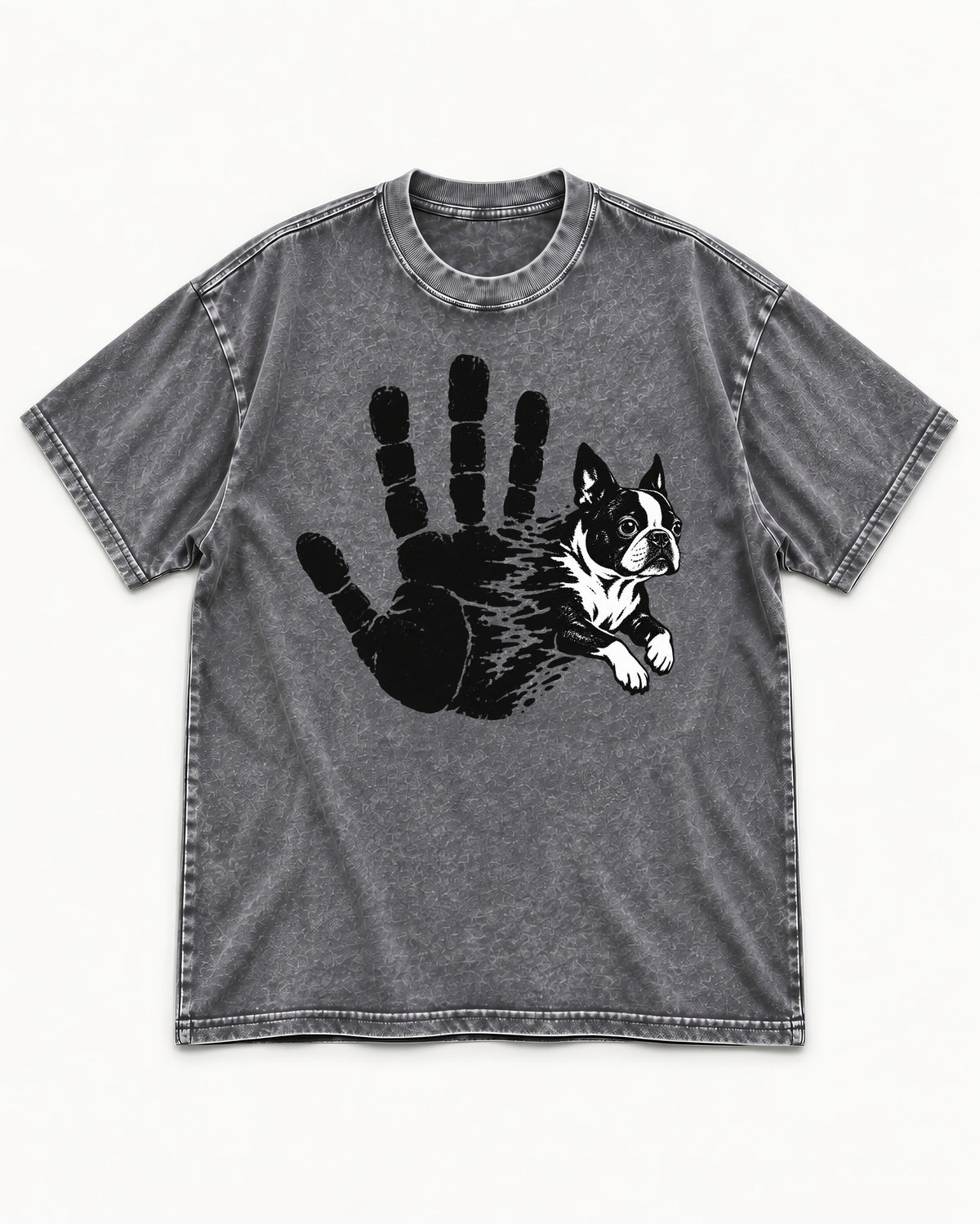 Boston Terrier High Five Washed Tee in Gray, flat lay product photo