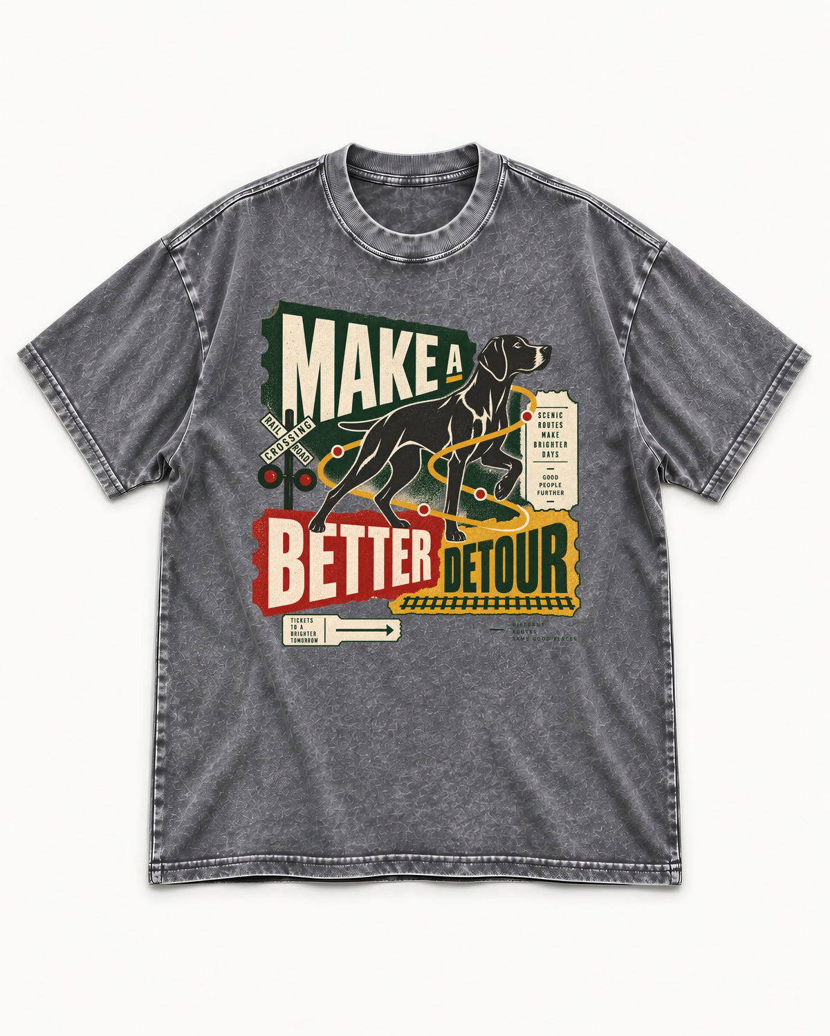 German Shorthaired Pointer Make a Better Detour Railroad Graphic Washed Tee in Gray, flat lay product photo