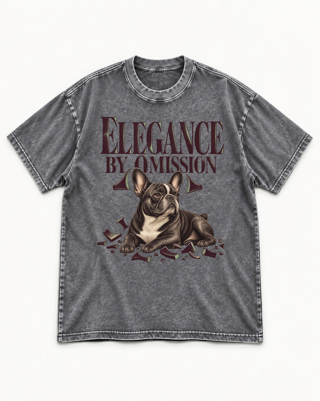 Frenchie Elegance by Omission Washed Tee in Gray, flat lay product photo