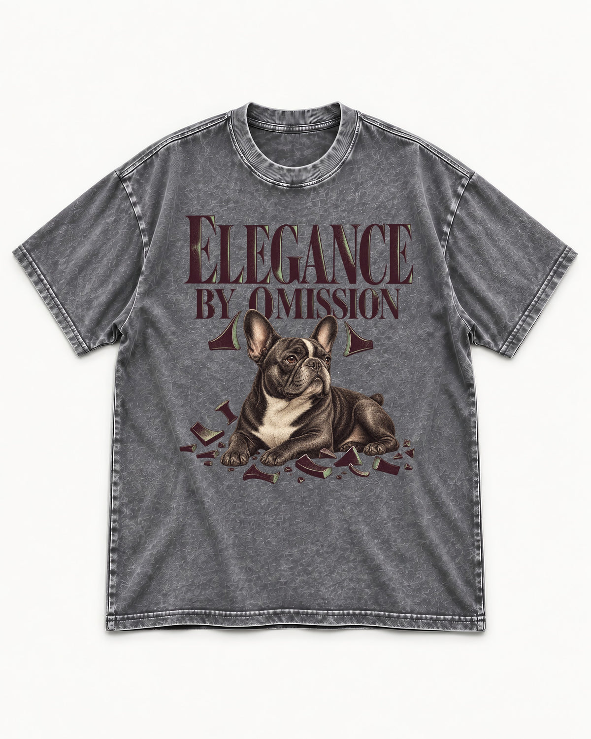 Frenchie Elegance by Omission Washed Tee in Gray, flat lay product photo
