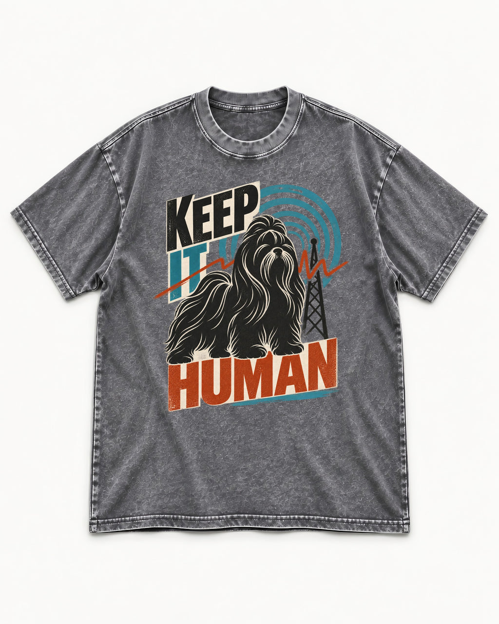 Shih Tzu Keep It Human Radio Signal Graphic Washed Tee in Gray, flat lay product photo