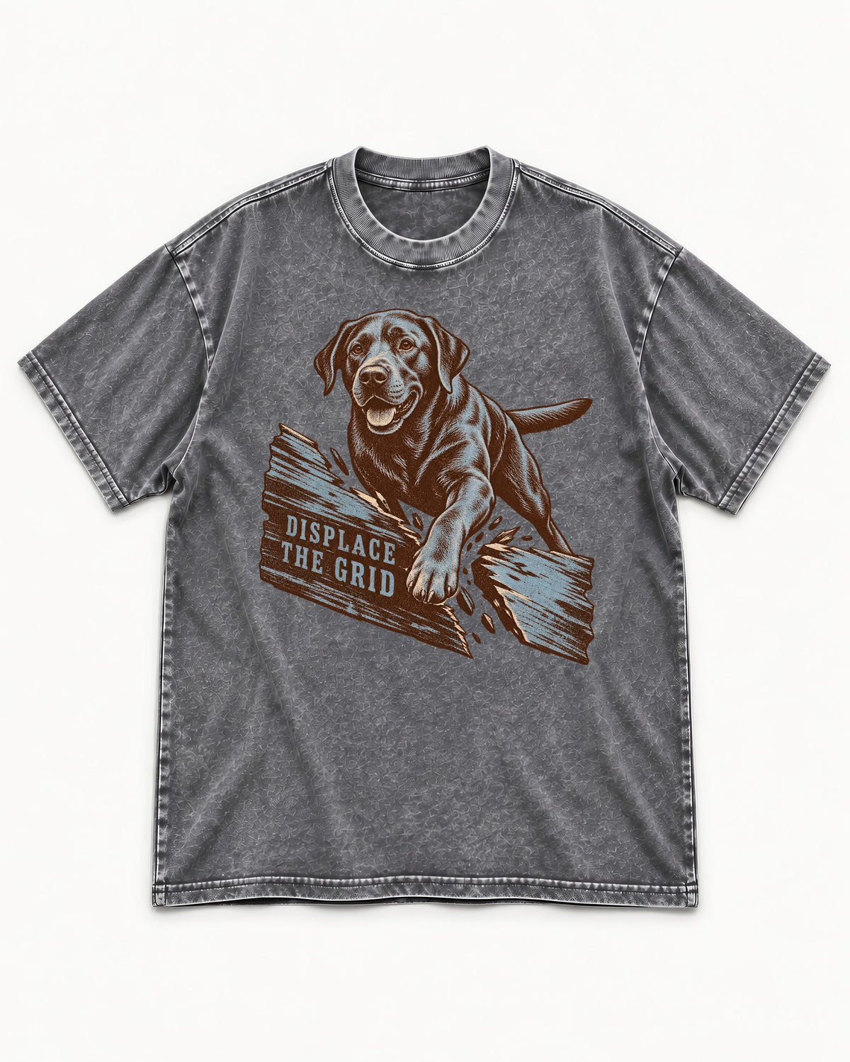 Labrador Retriever Displace the Grid Breaking Plank Graphic Washed Tee in Gray, flat lay product photo