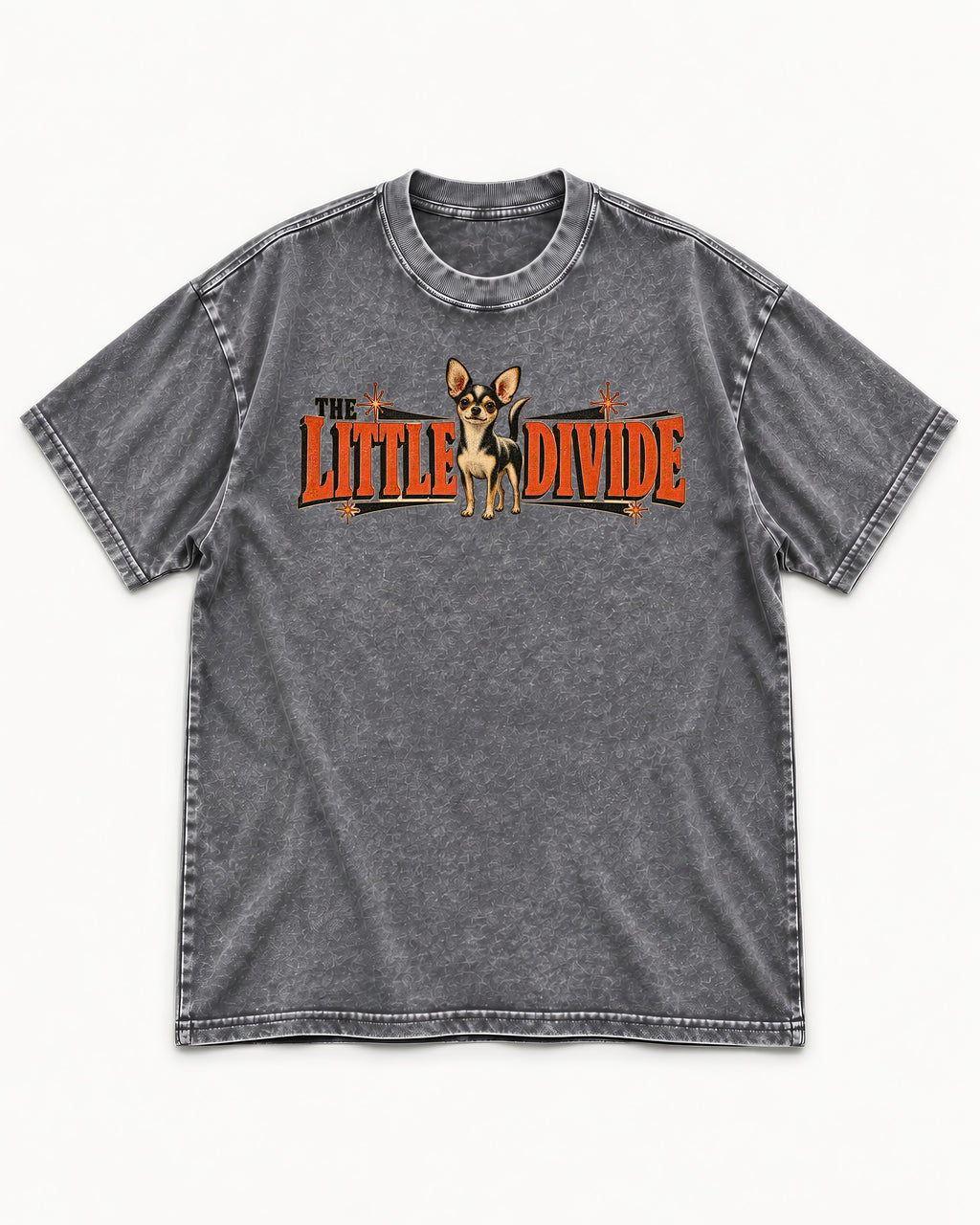 Chihuahua The Little Divide Retro Sign Graphic Washed Tee in Gray, flat lay product photo