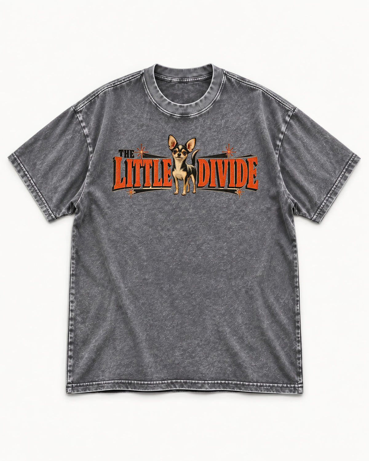 Chihuahua The Little Divide Retro Sign Graphic Washed Tee in Gray, flat lay product photo