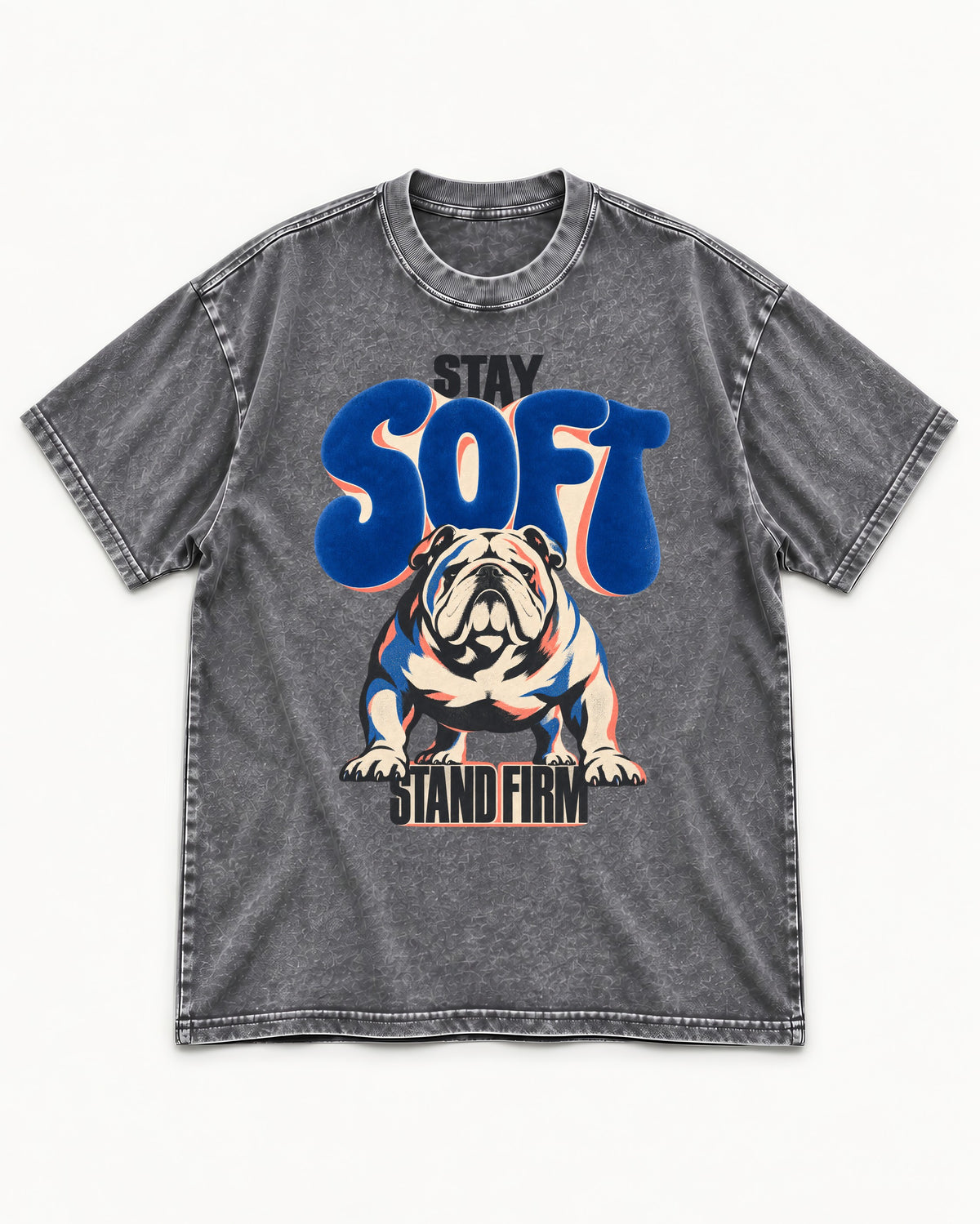 Stay Soft Stand Firm English Bulldog Washed Tee in Gray, flat lay product photo